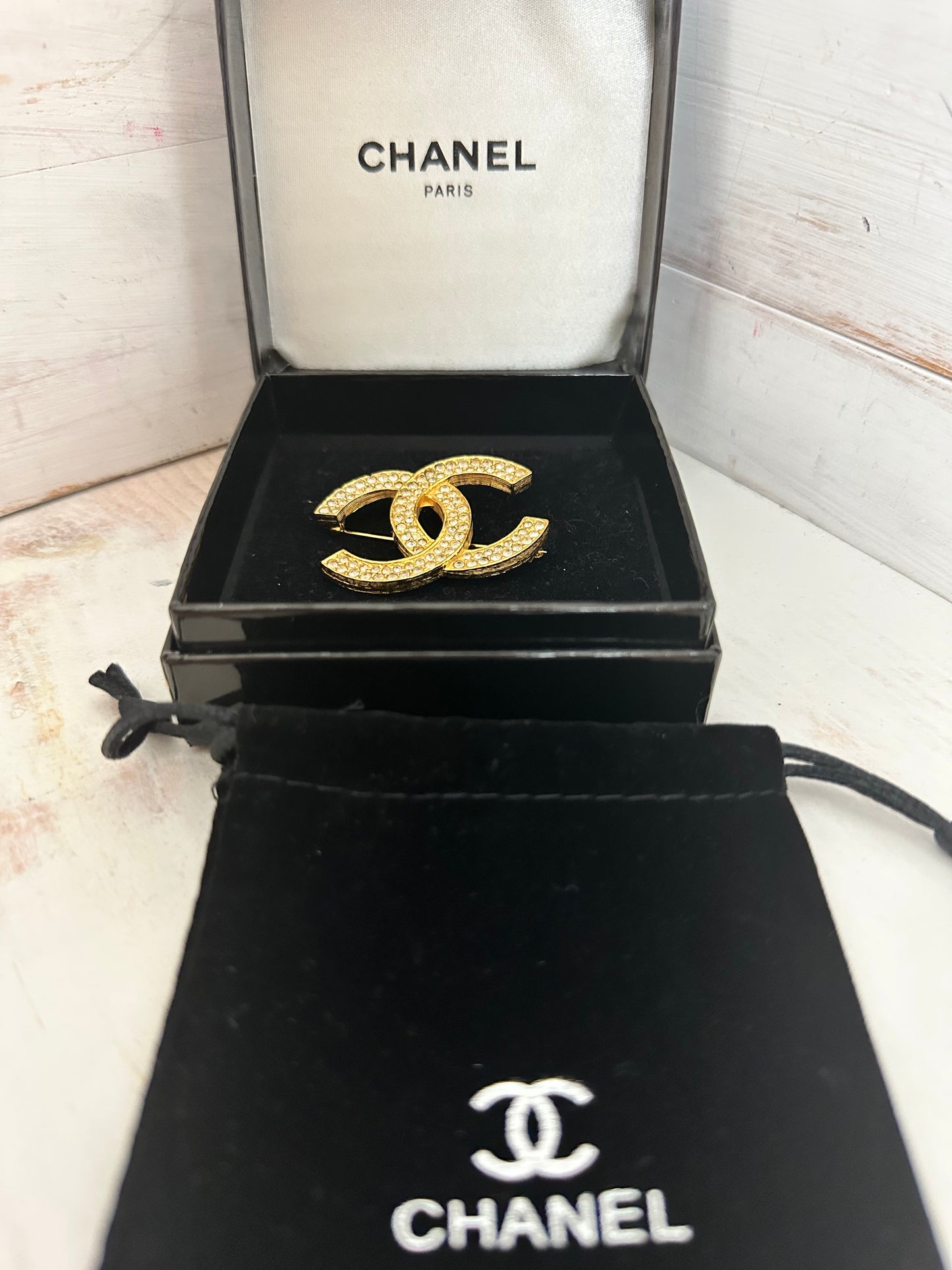 Chanel CC Logo Double Row Rhinestone Gold Tone Brooch