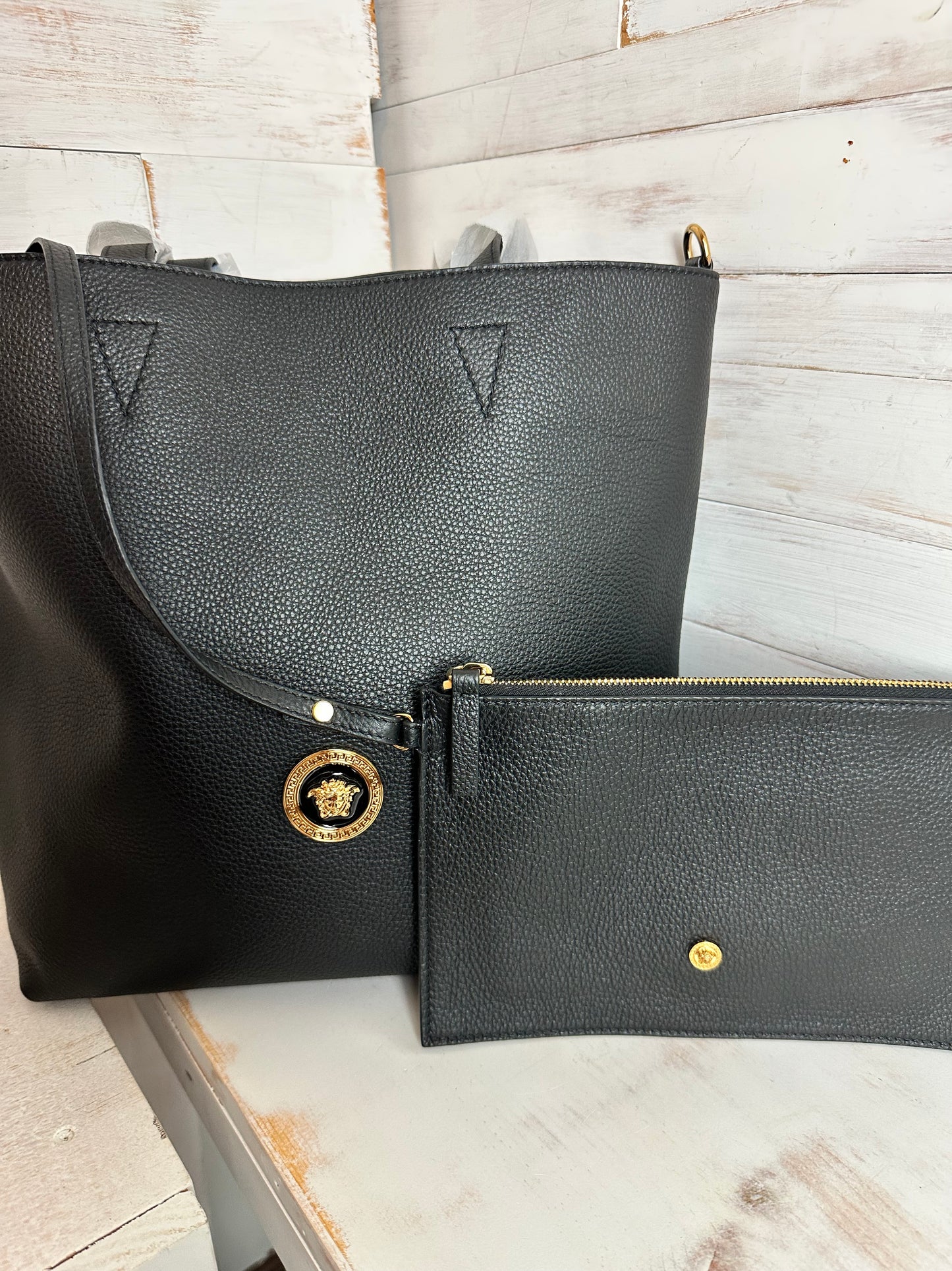 Versace New Black Leather Tote Bag with second bag