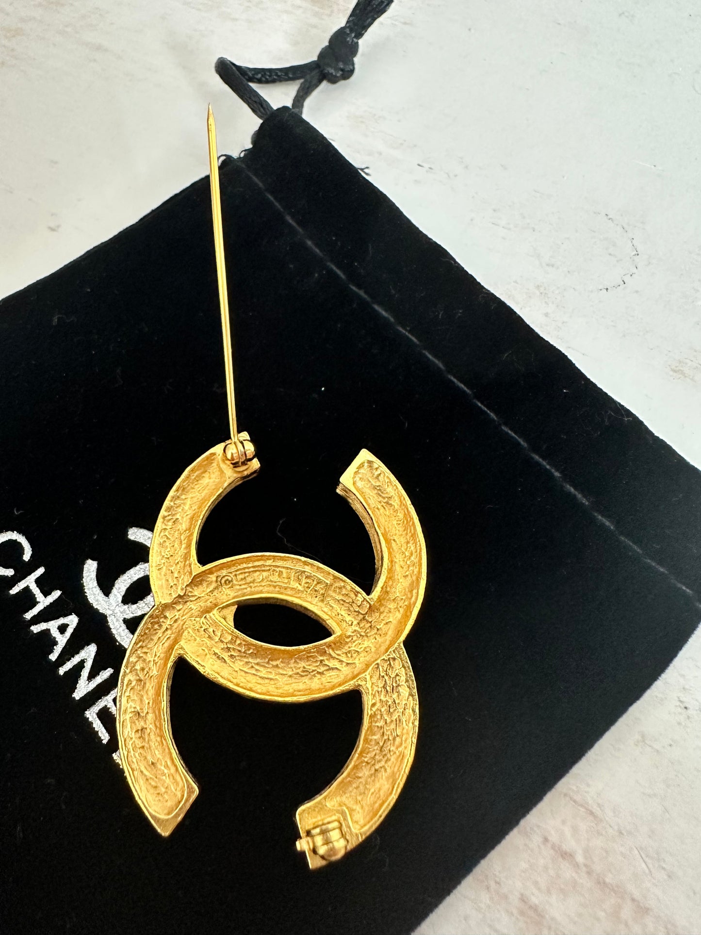 Chanel CC Logo Double Row Rhinestone Gold Tone Brooch