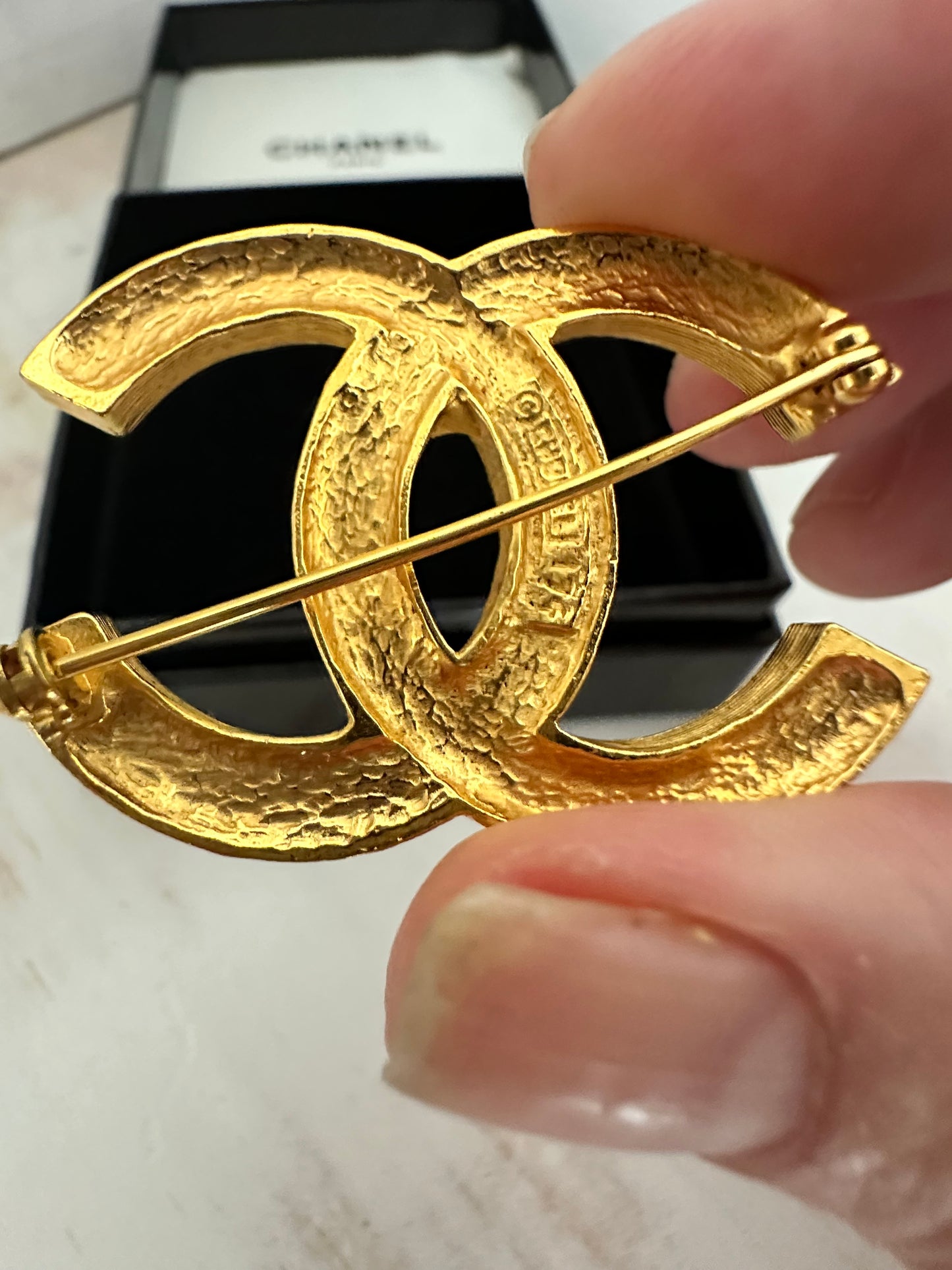 Chanel CC Logo Double Row Rhinestone Gold Tone Brooch