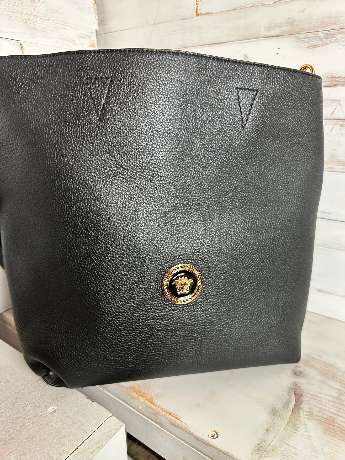 Versace New Black Leather Tote Bag with second bag