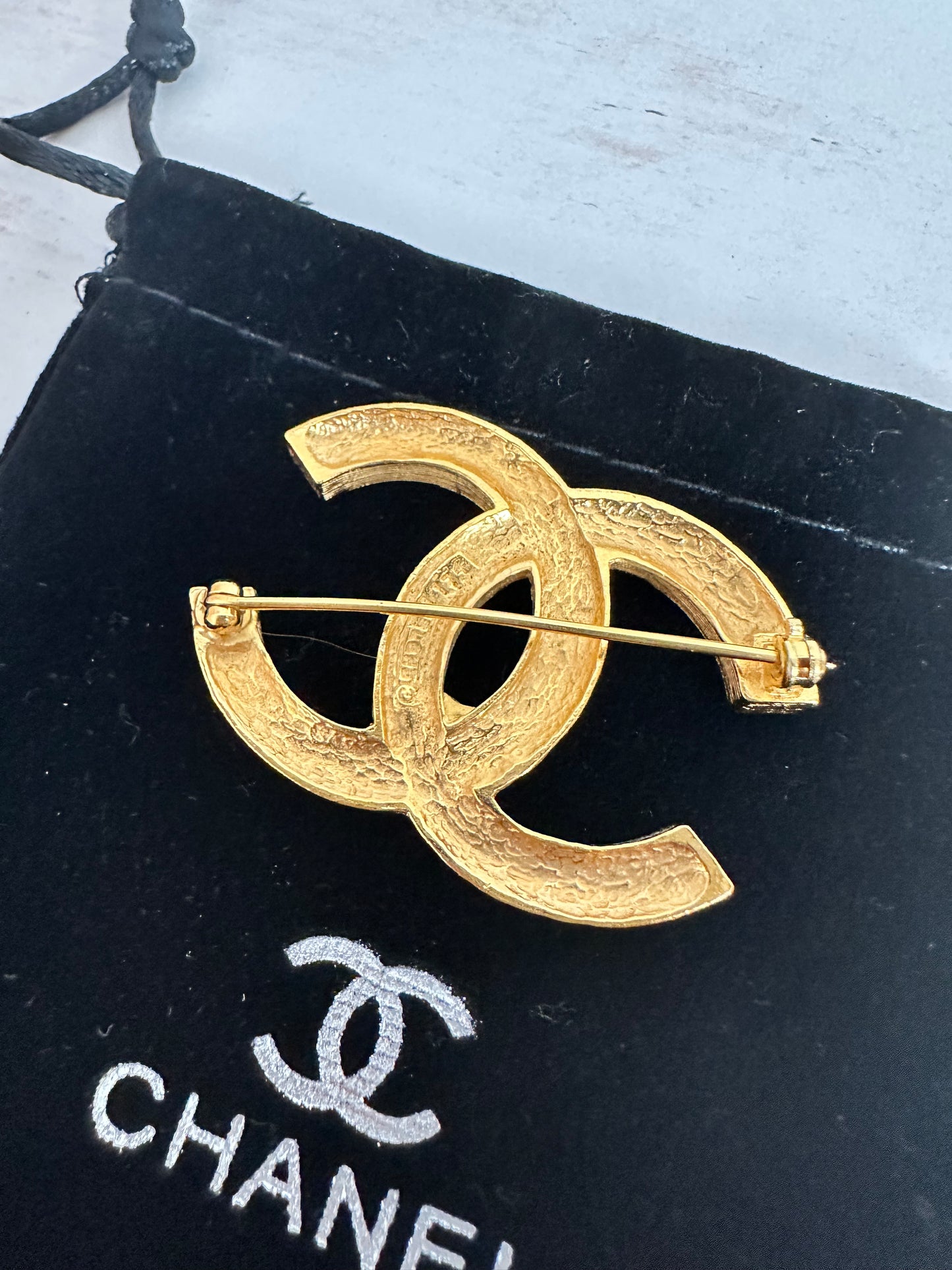 Chanel CC Logo Double Row Rhinestone Gold Tone Brooch