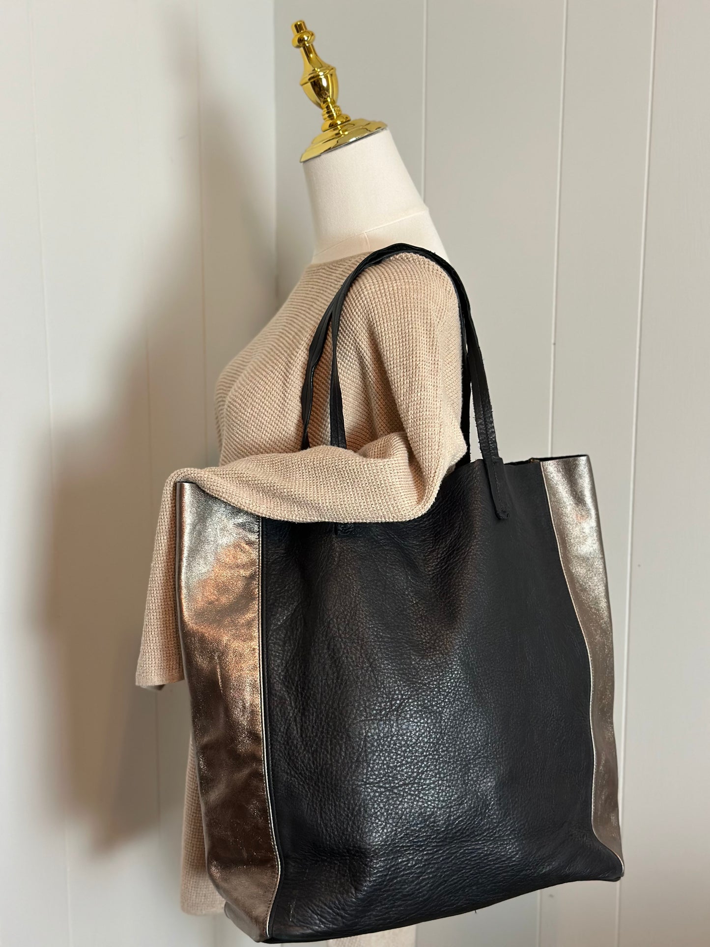 Eileen Fischer Black and Bronze Leather Tote Bag