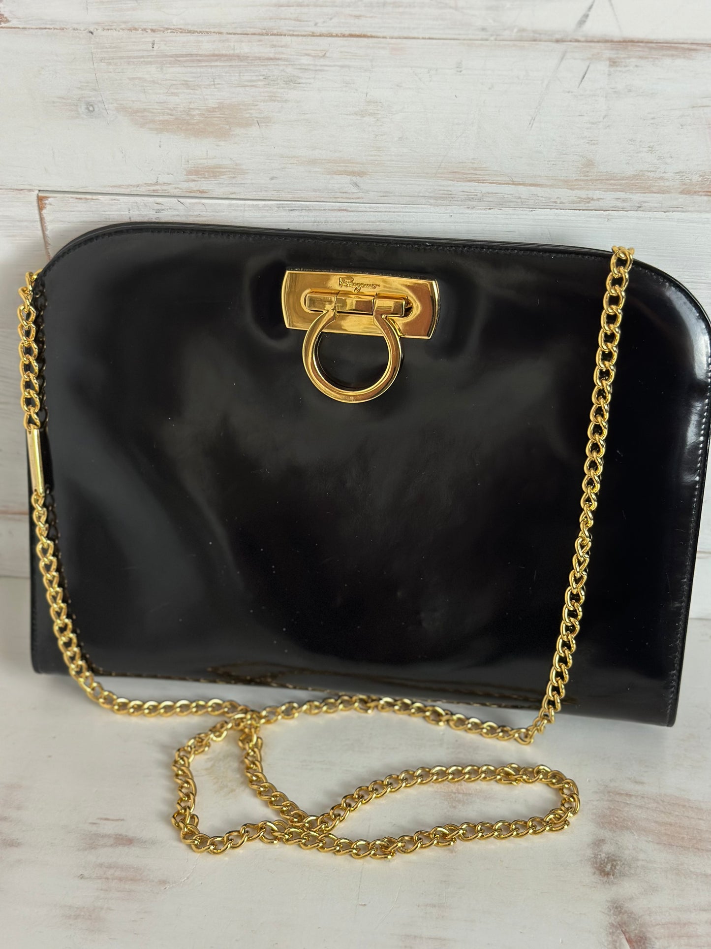 Salvatore Ferragamo Diana Crossbody/Clutch Black Patent Leather