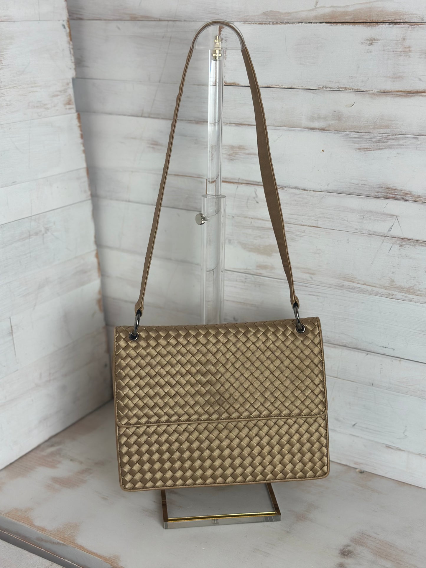 Bottega Veneta RARE VINTAGE Gold Intrecciato Satin Shoulder Bag