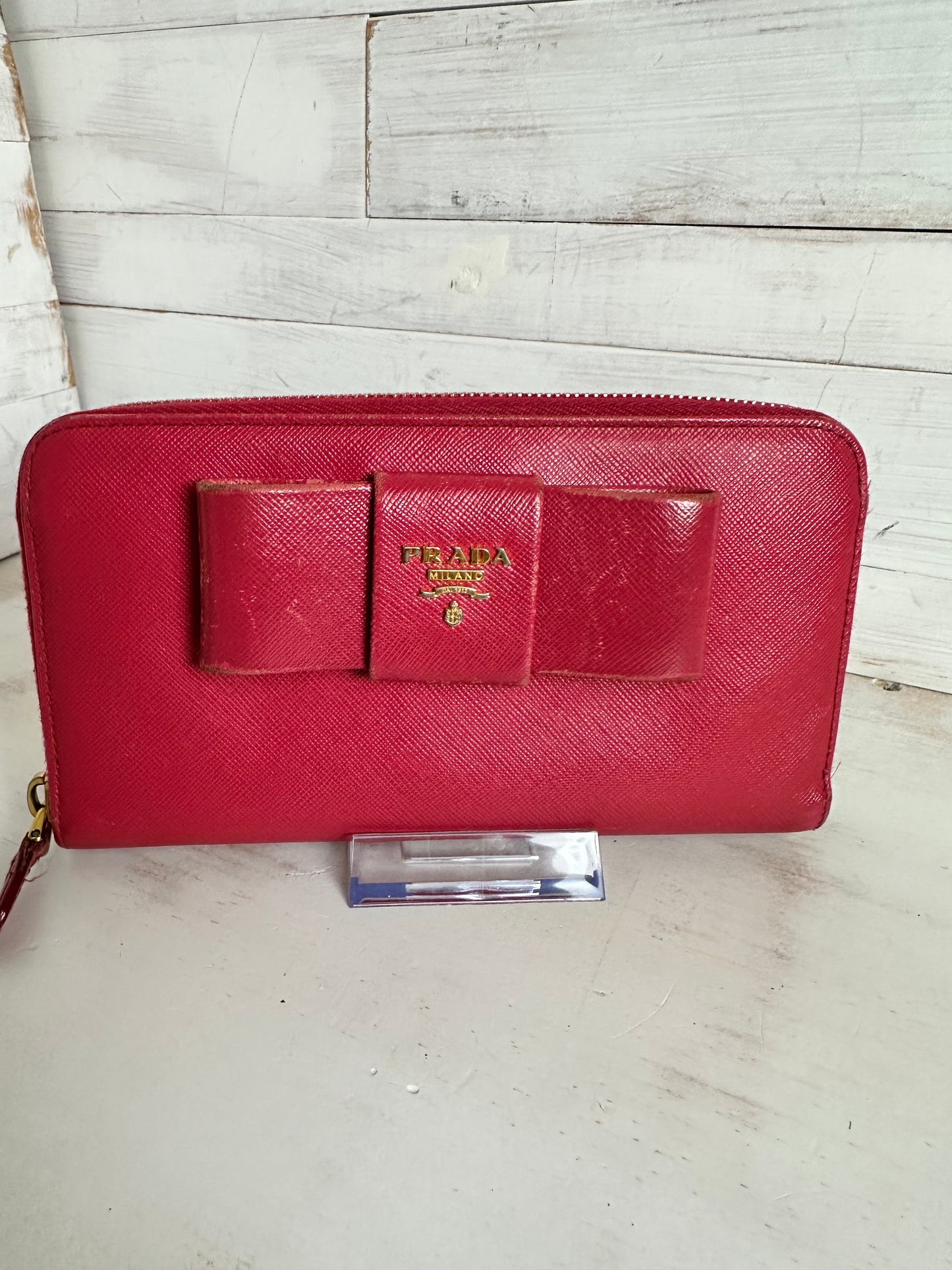 Prada Saffiano Fiocco Bow Long Zip Around Wallet - Peonia Pink