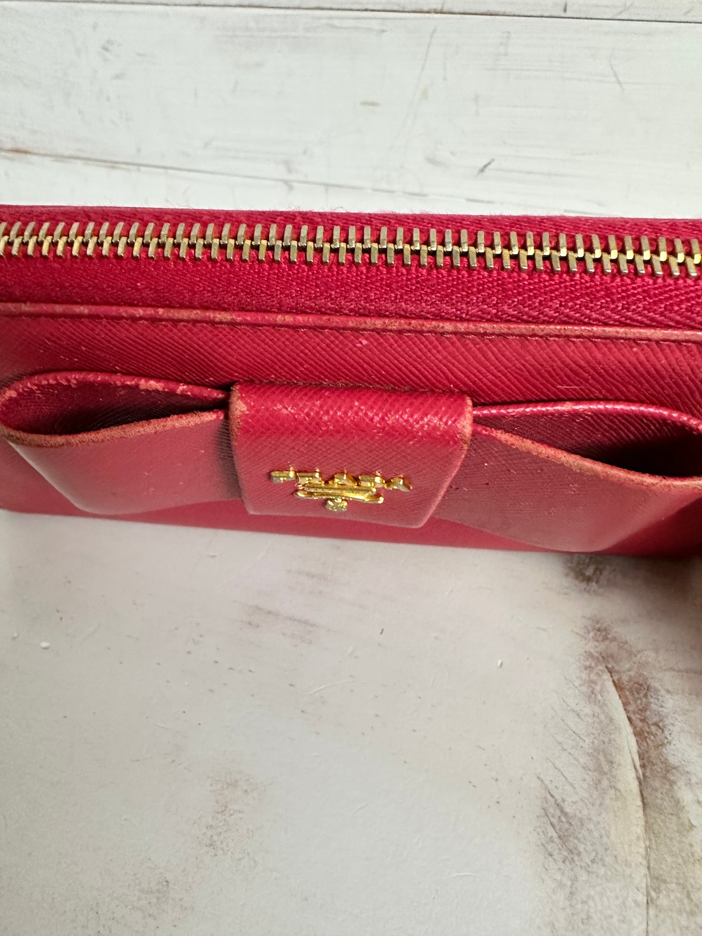 Prada Saffiano Fiocco Bow Long Zip Around Wallet - Peonia Pink