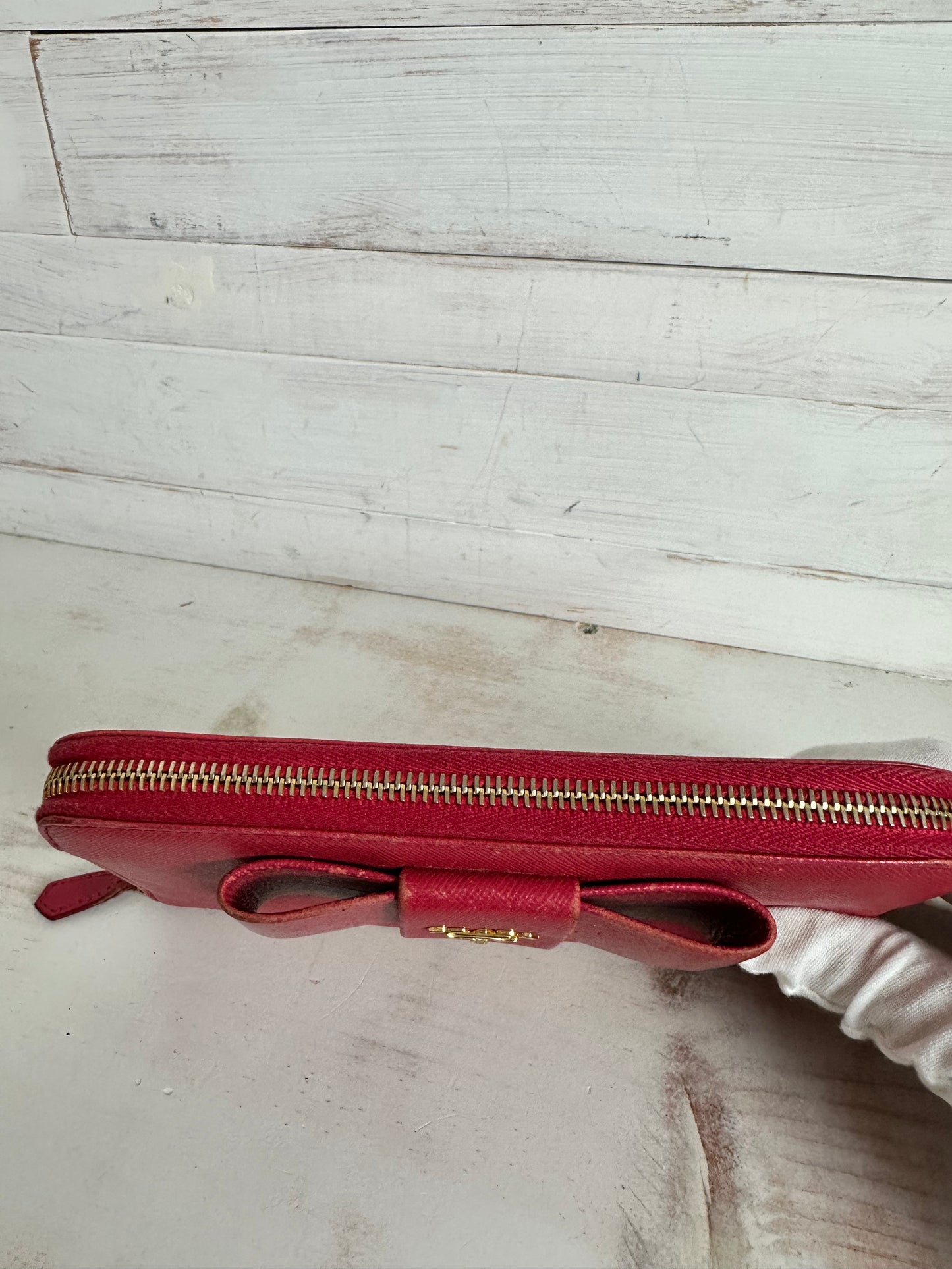 Prada Saffiano Fiocco Bow Long Zip Around Wallet - Peonia Pink
