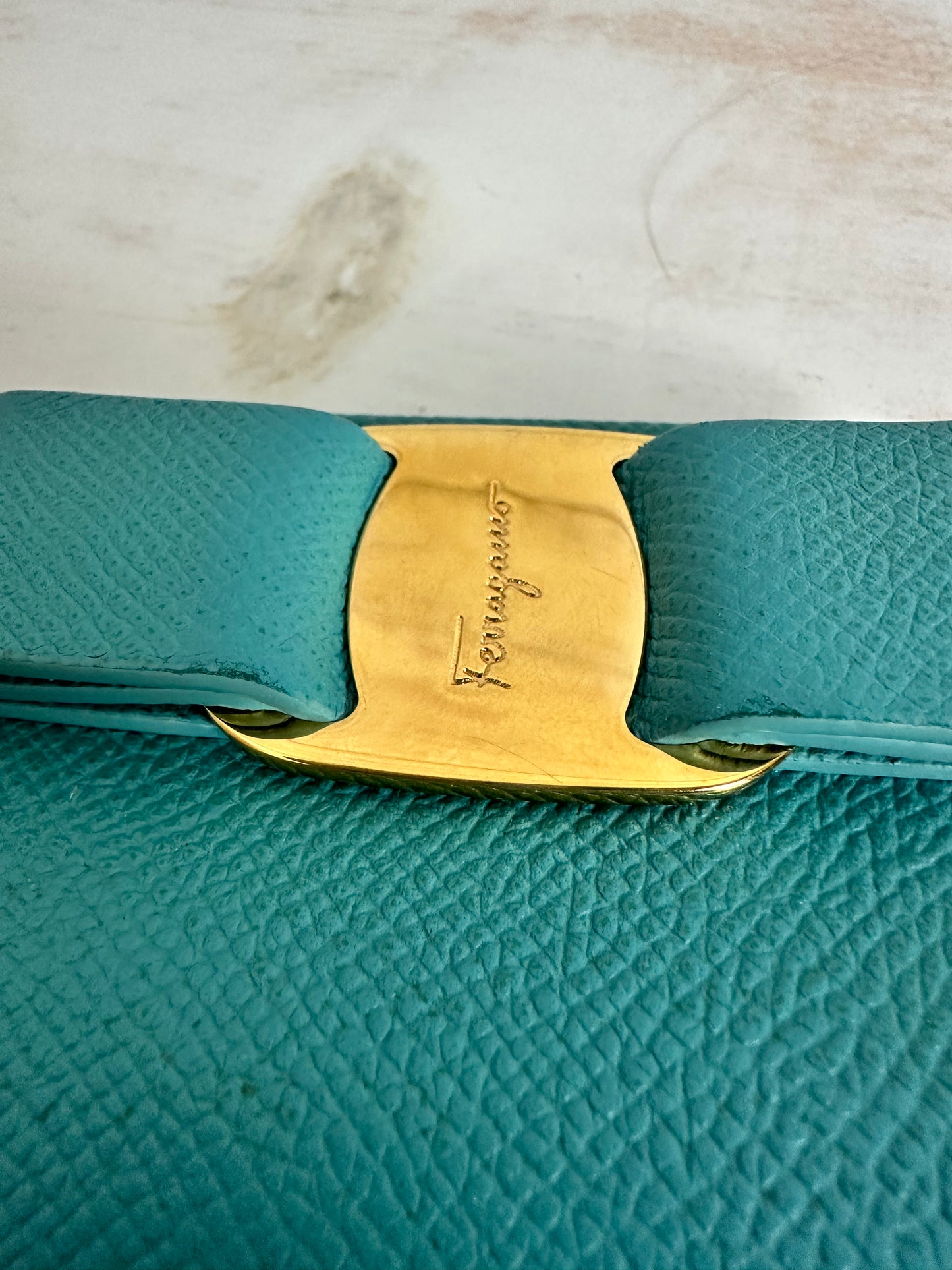Salvatore Ferragamo Fiocco Vara Tyrone Turquoise Bifold Wallet