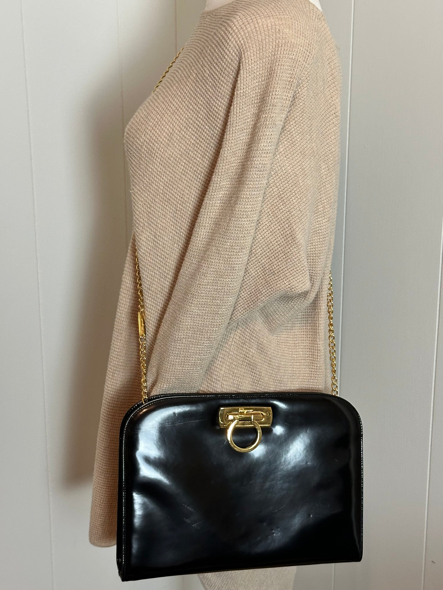 Salvatore Ferragamo Diana Crossbody/Clutch Black Patent Leather