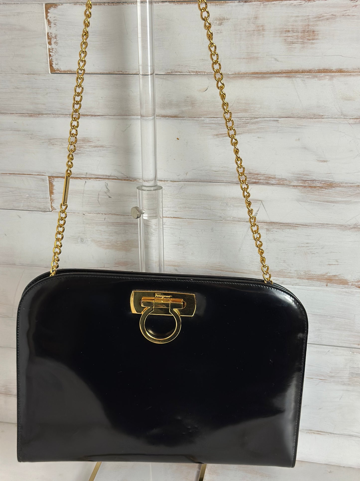 Salvatore Ferragamo Diana Crossbody/Clutch Black Patent Leather