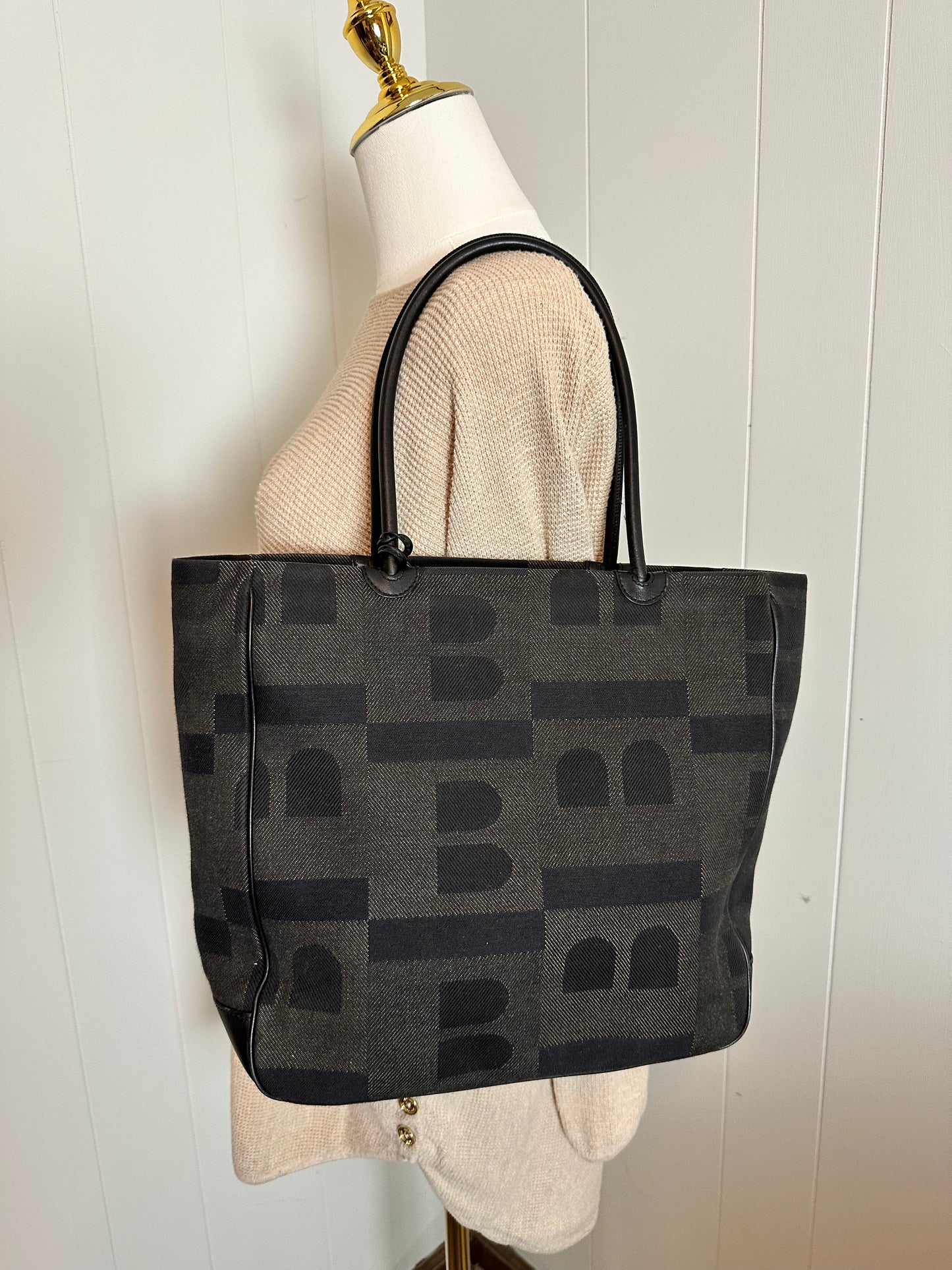Bally Vintage Monogram "B" Shoulder Bag, Black and Gray Canvas