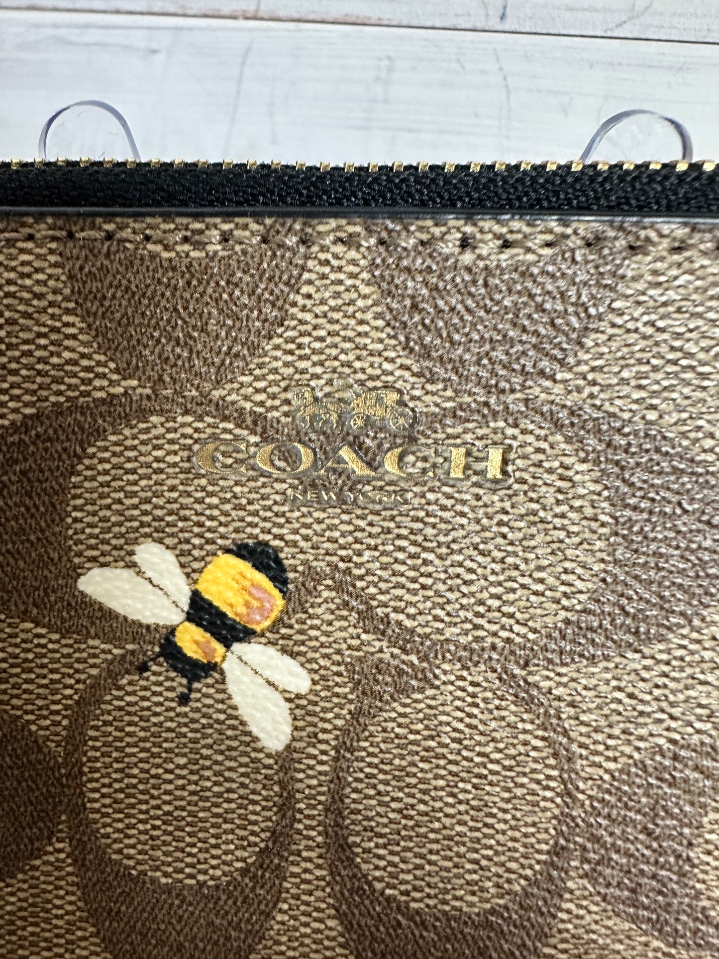 Coach Signature Logo Corner Zip Wristlet with Bee Design