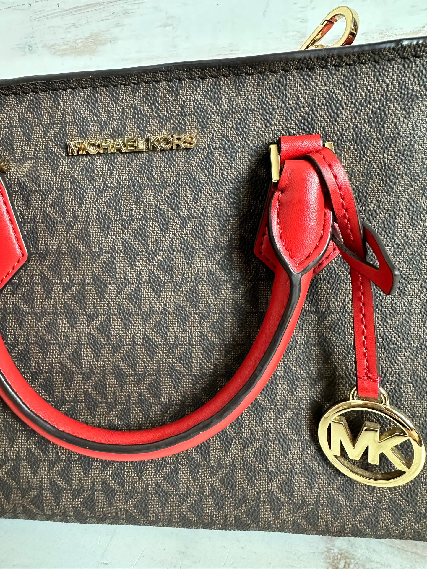Michael Kors Hope Medium Messenger Bag Flame Red & Brown Satchel/Crossbody