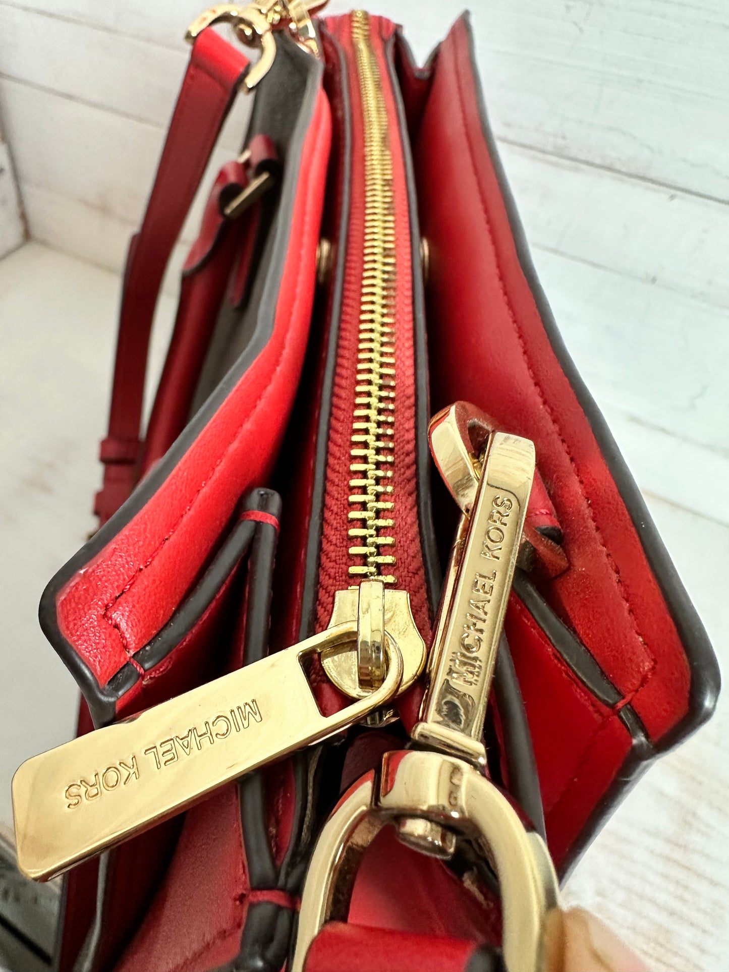 Michael Kors Hope Medium Messenger Bag Flame Red & Brown Satchel/Crossbody