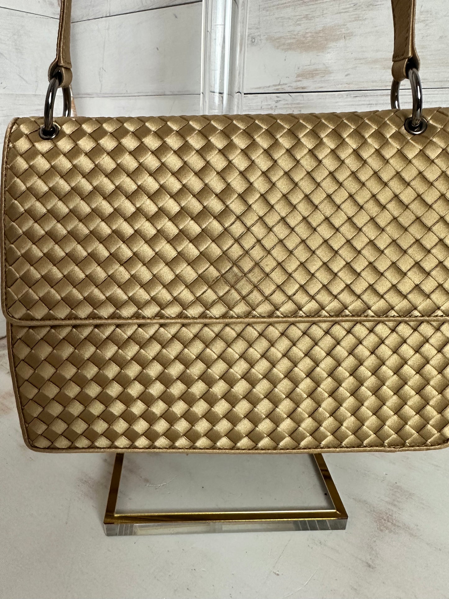 Bottega Veneta RARE VINTAGE Gold Intrecciato Satin Shoulder Bag