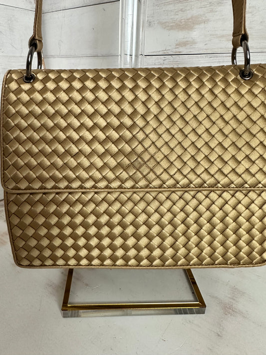 Bottega Veneta RARE VINTAGE Gold Intrecciato Satin Shoulder Bag