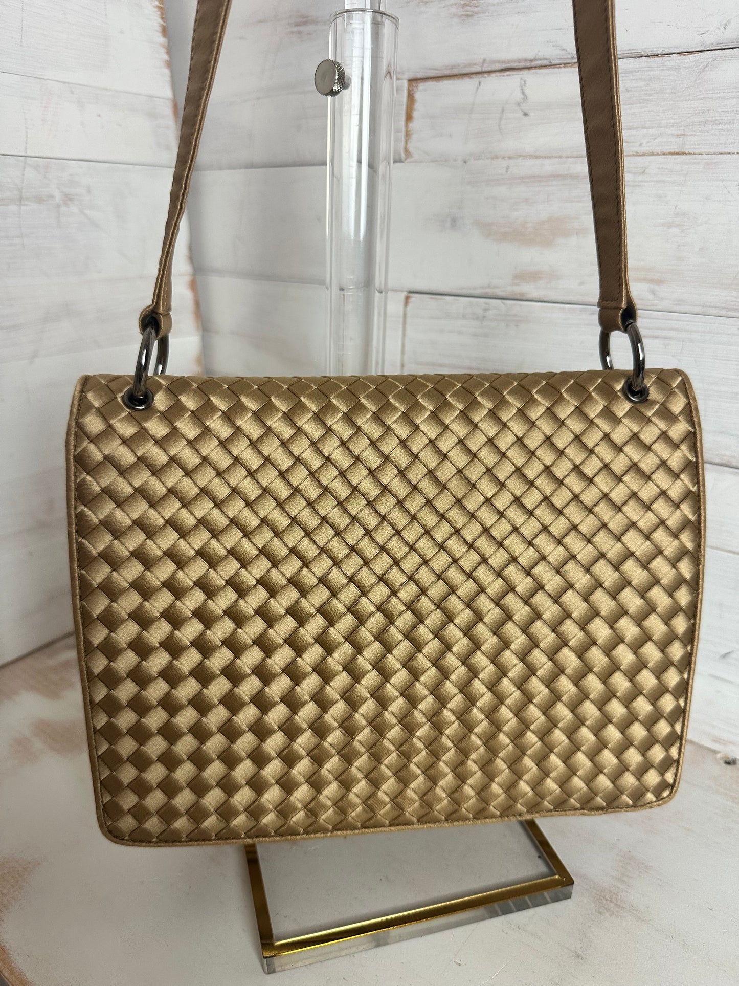 Bottega Veneta RARE VINTAGE Gold Intrecciato Satin Shoulder Bag