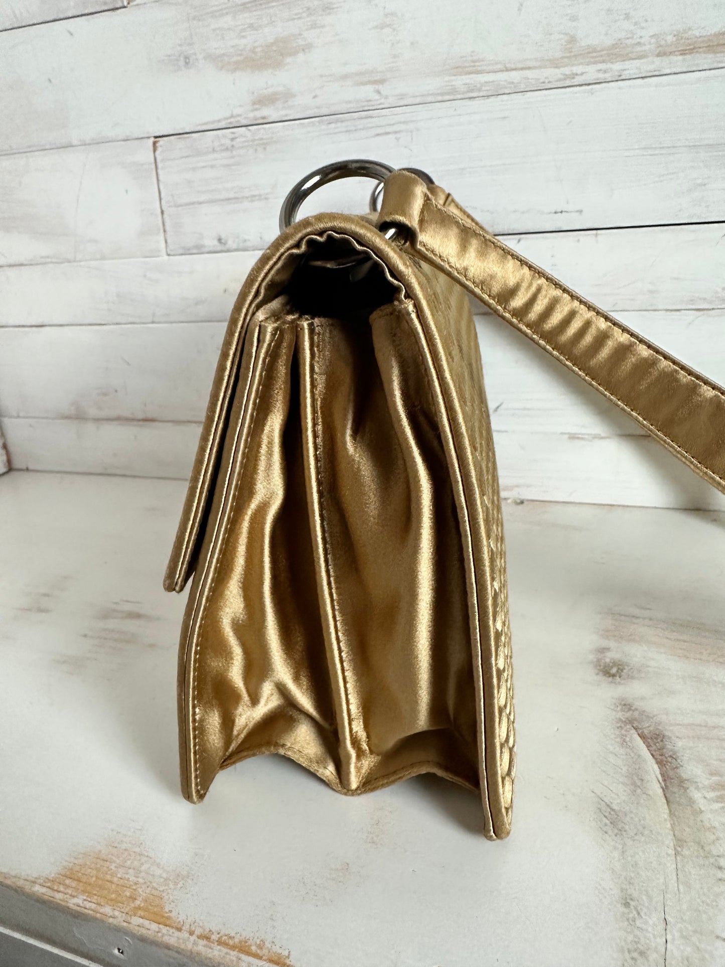 Bottega Veneta RARE VINTAGE Gold Intrecciato Satin Shoulder Bag