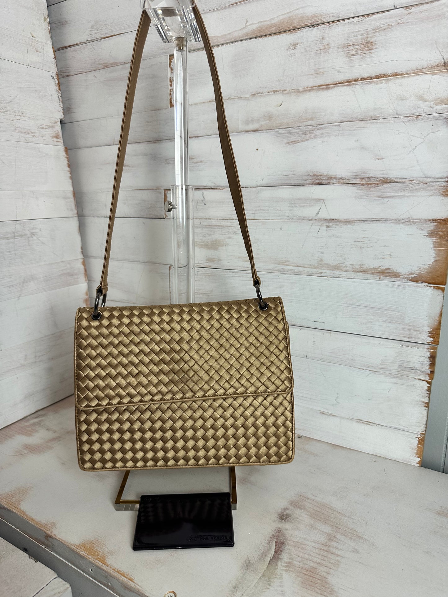 Bottega Veneta RARE VINTAGE Gold Intrecciato Satin Shoulder Bag