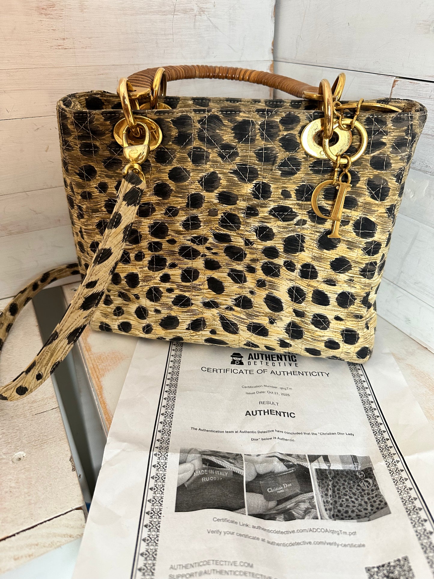 Lady Dior VINTAGE Leopard 2-Way with Rattan Handles