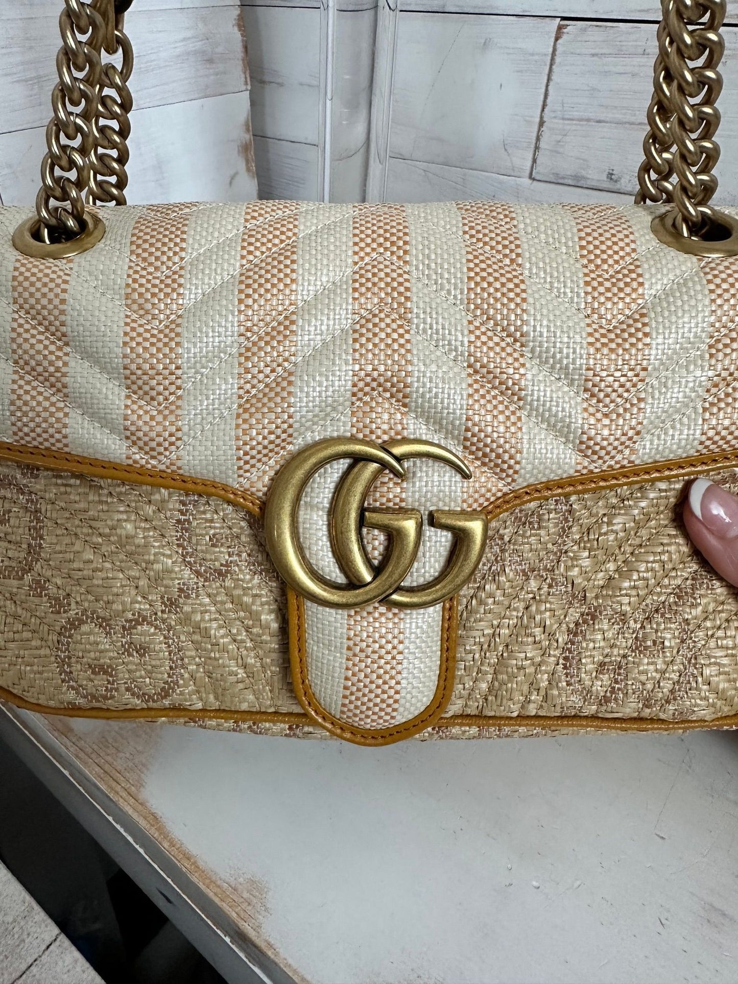 Gucci GG Marmont Small Raffia Shoulder Bag