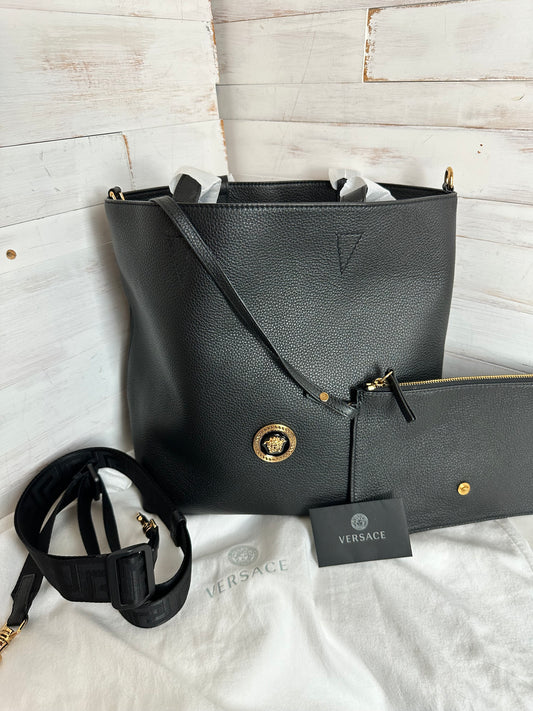 Versace New Black Leather Tote Bag with second bag