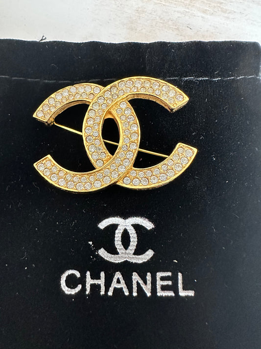 Chanel CC Logo Double Row Rhinestone Gold Tone Brooch