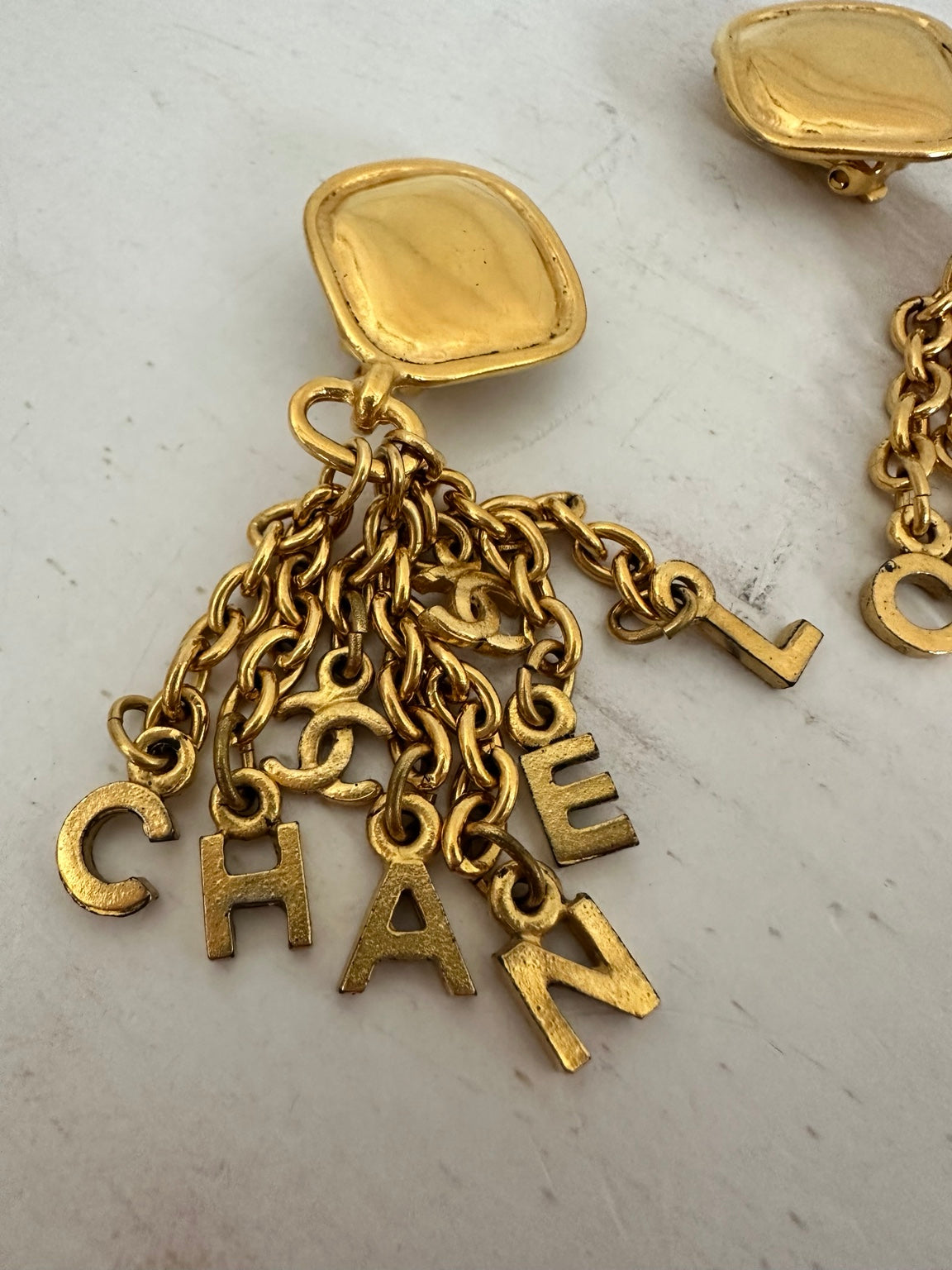 Vintage CHANEL Gold Plated CHANEL Letter CC Logo Chain Tassel Drop Clip-On Earrings – Rare