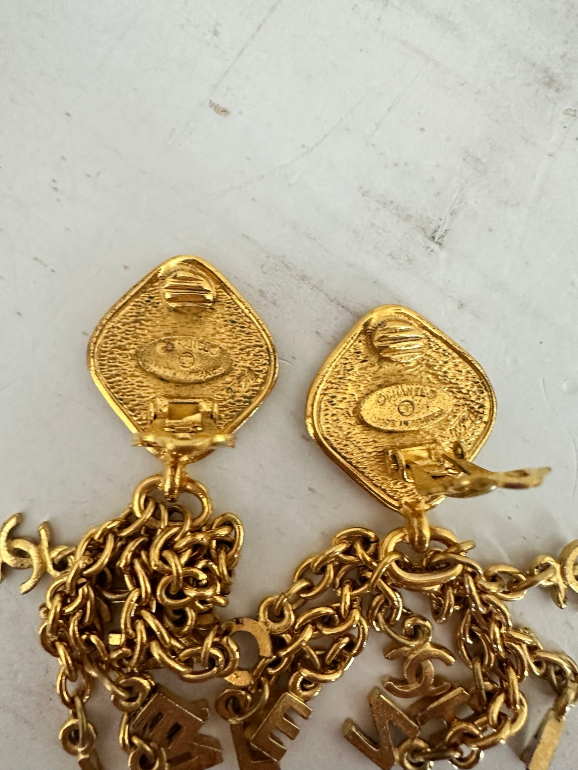 Vintage CHANEL Gold Plated CHANEL Letter CC Logo Chain Tassel Drop Clip-On Earrings – Rare