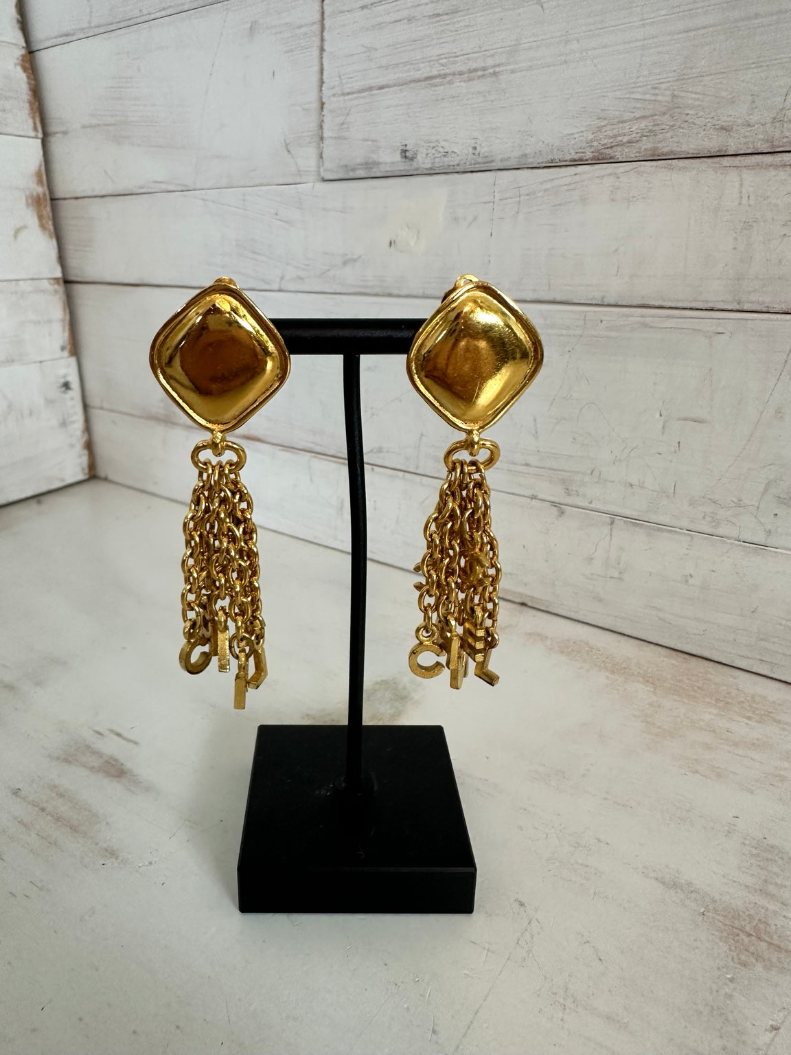 Vintage CHANEL Gold Plated CHANEL Letter CC Logo Chain Tassel Drop Clip-On Earrings – Rare