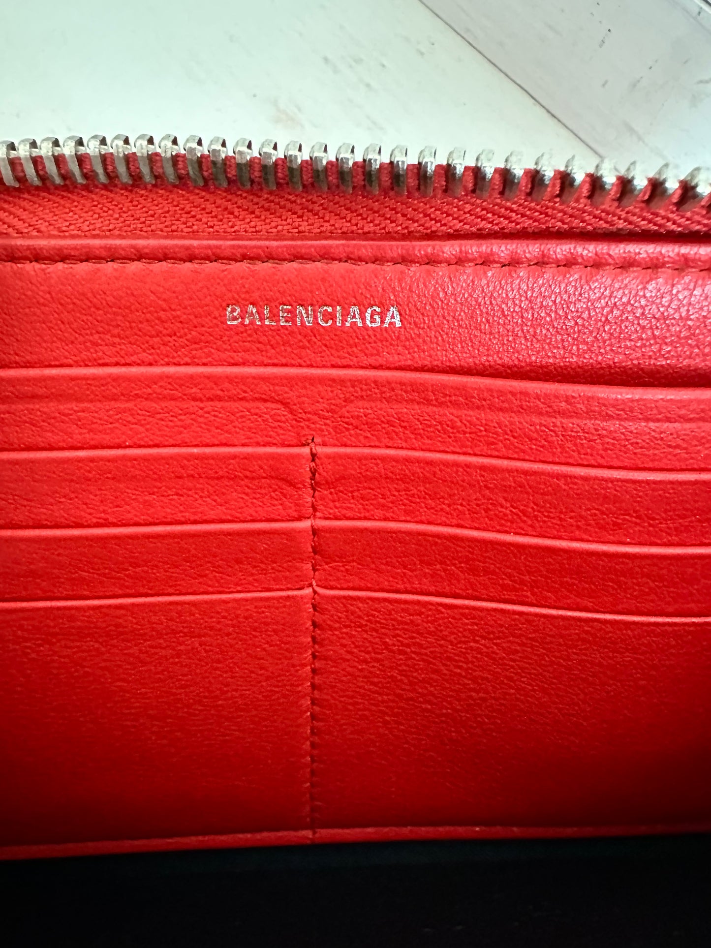 Balenciaga Papier Continental Red Leather Zip Around Wallet
