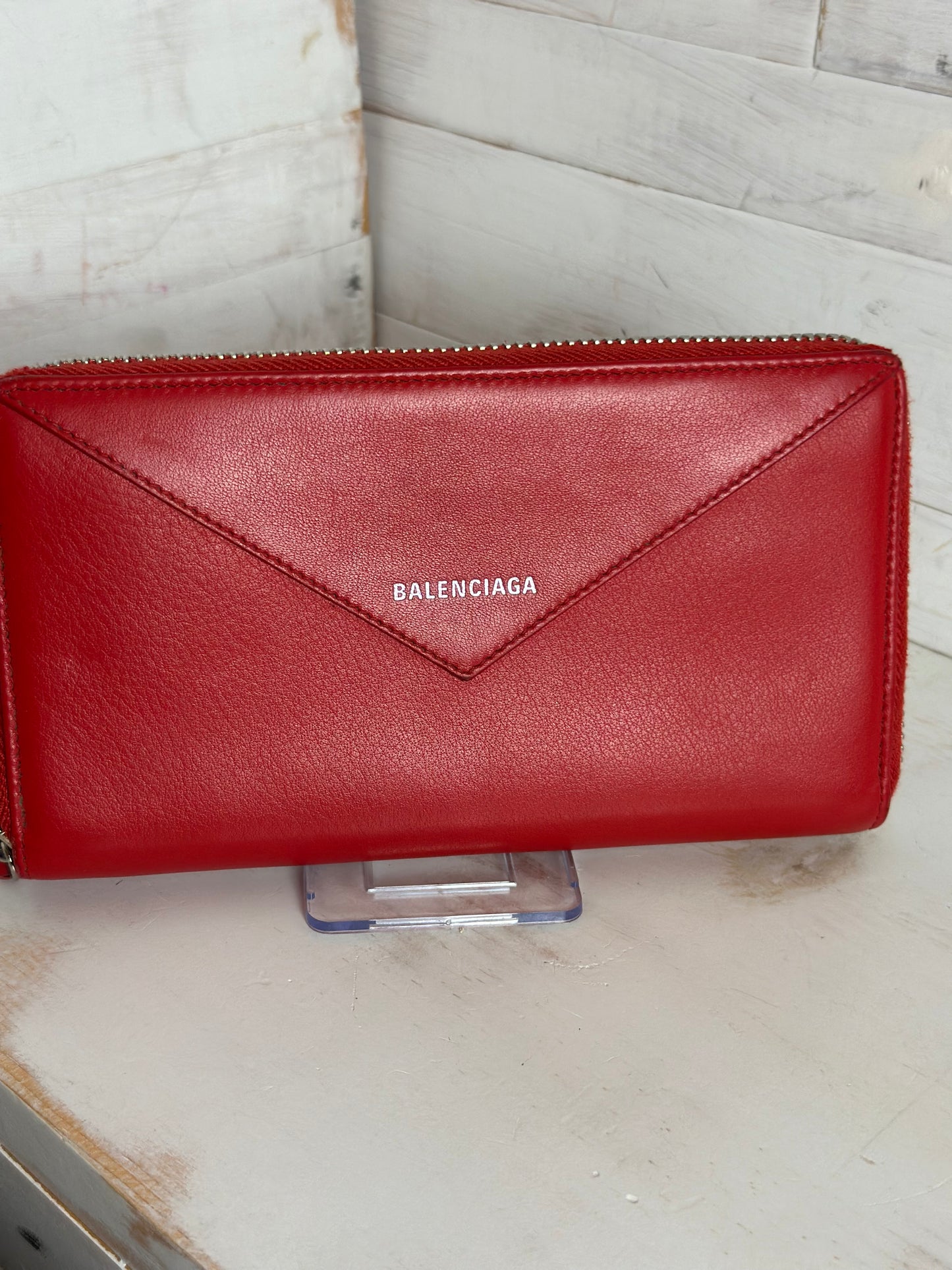Balenciaga Papier Continental Red Leather Zip Around Wallet