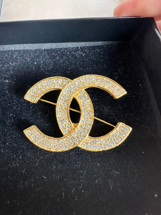 Chanel CC Logo Double Row Rhinestone Gold Tone Brooch