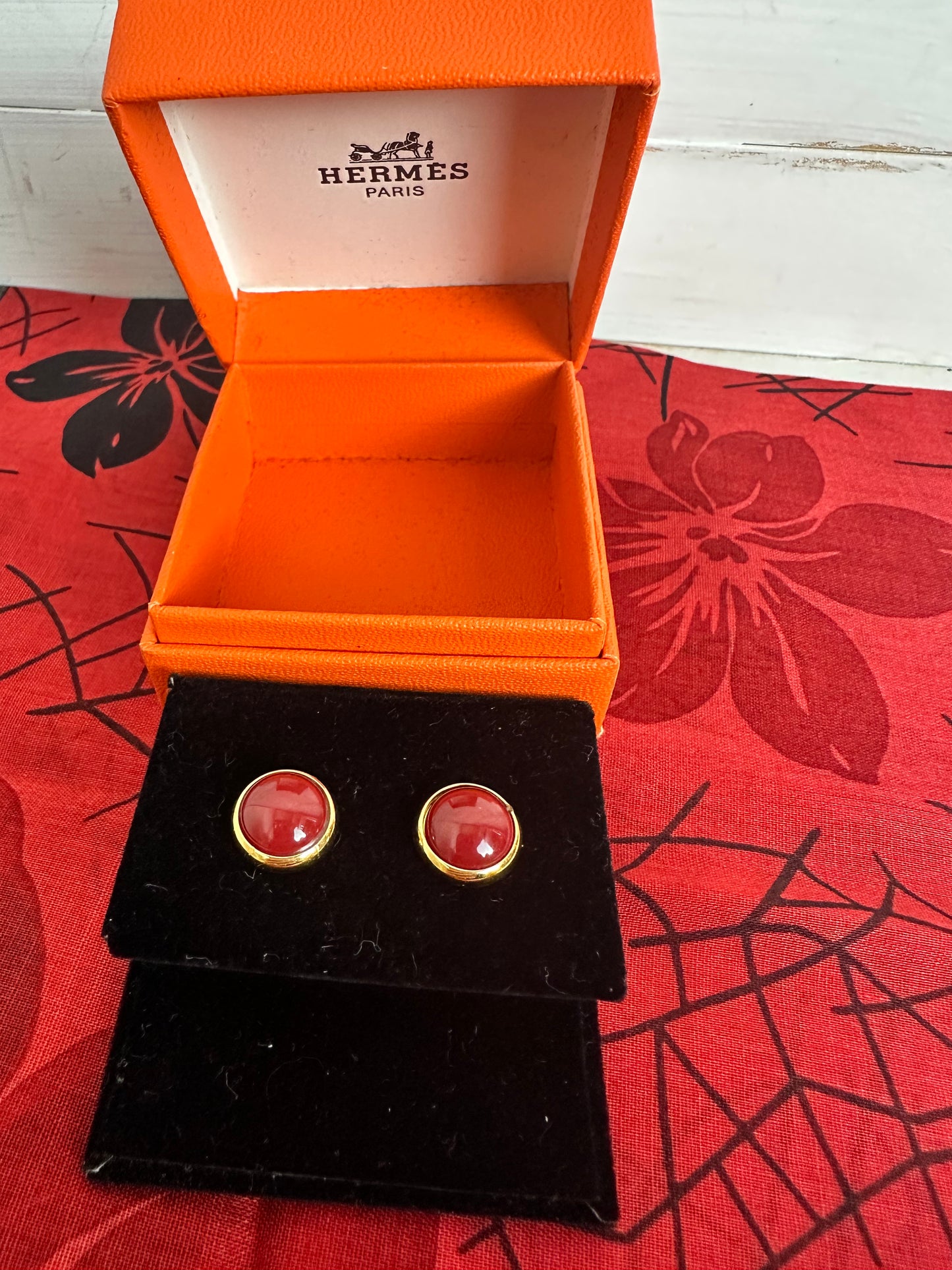 Hermes Gold Plated Metal Red Enamel Eclipse Stud Earrings