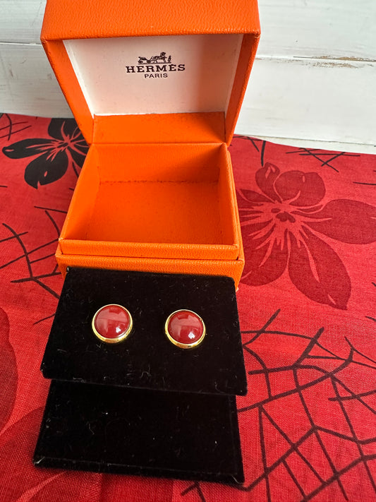 Hermes Gold Plated Metal Red Enamel Eclipse Stud Earrings