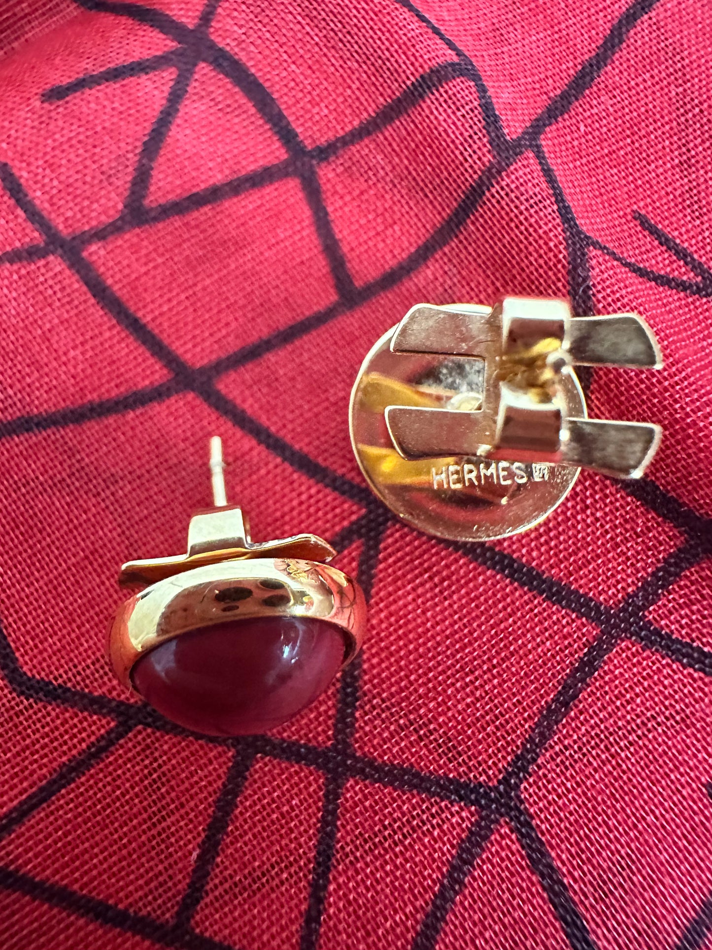 Hermes Gold Plated Metal Red Enamel Eclipse Stud Earrings