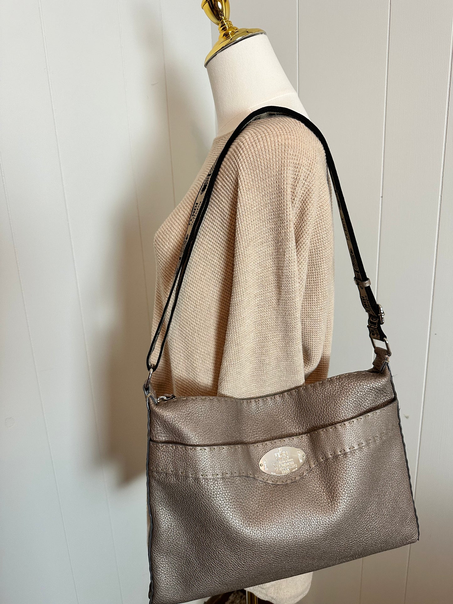 Fendi Romano Selleria Messenger Gray Shimmer Shoulder/Crossbody