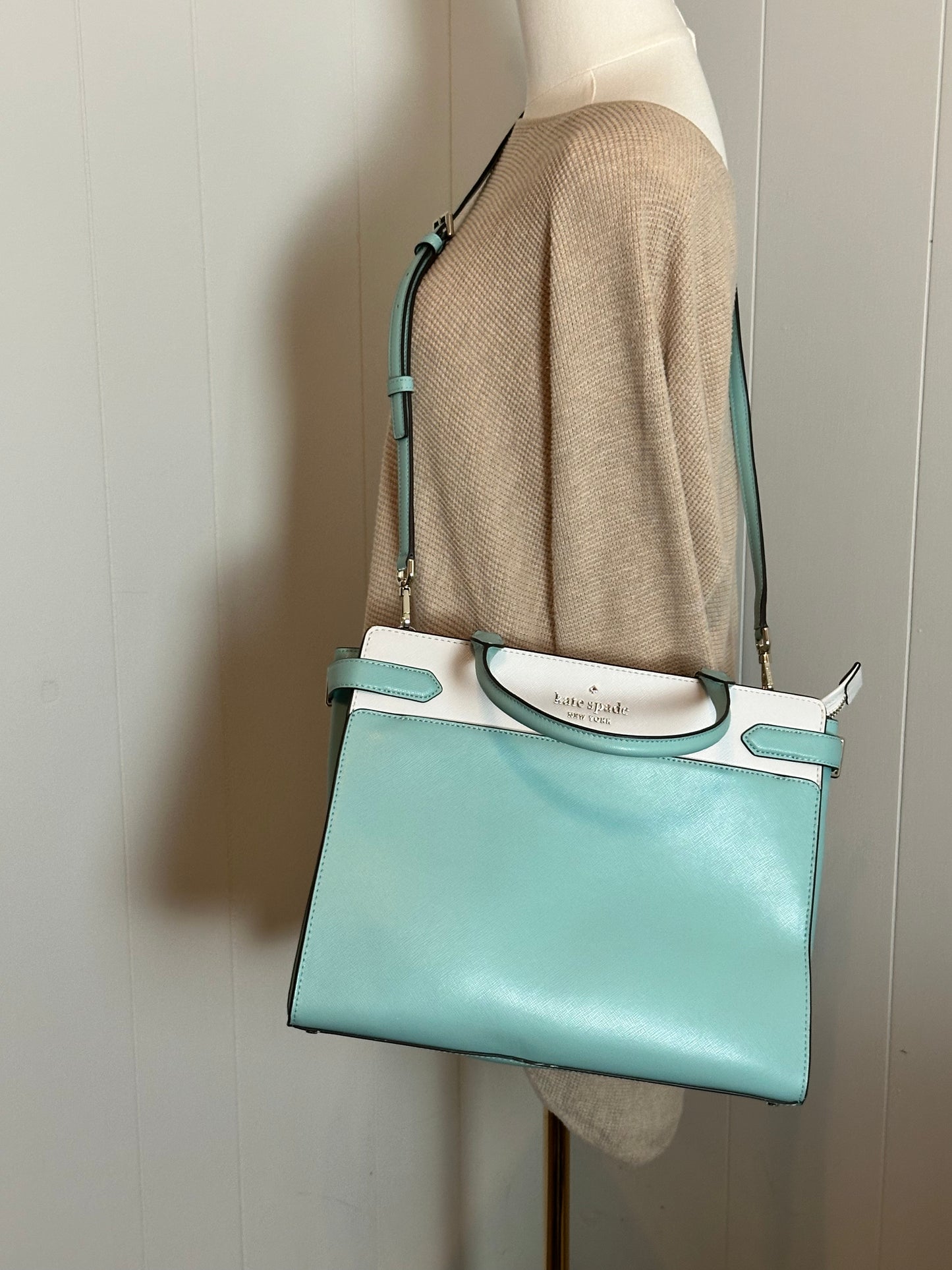 Kate Spade Staci Saffiano Tiffany Blue and White Leather Handbag/Crossbody