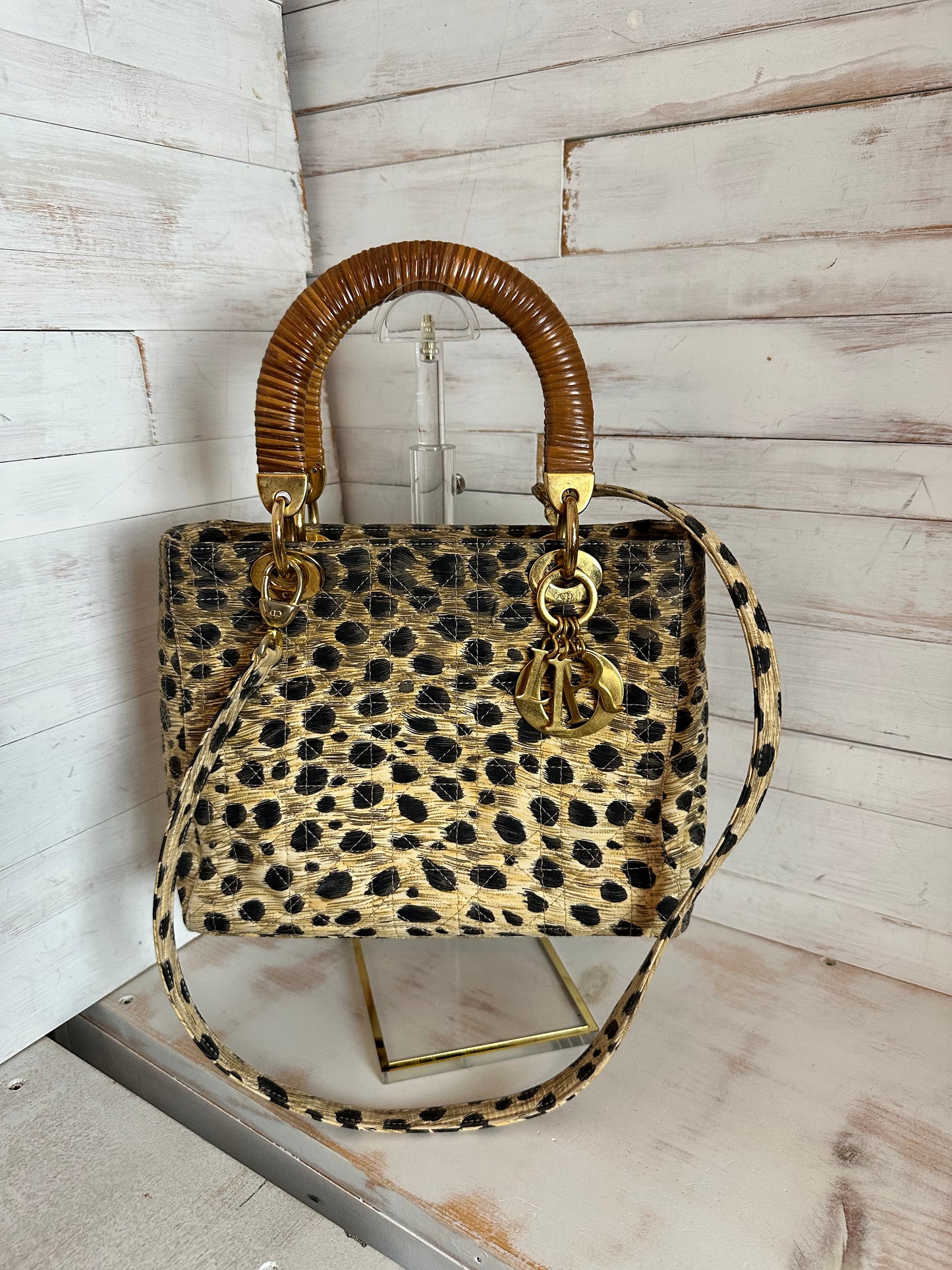Lady Dior VINTAGE Leopard 2-Way with Rattan Handles