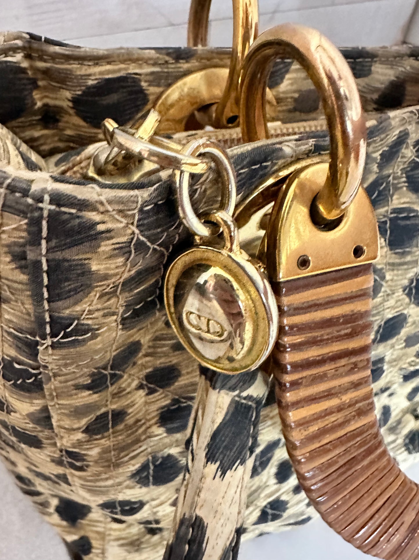 Lady Dior VINTAGE Leopard 2-Way with Rattan Handles