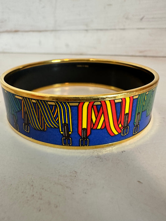 Hermes Les Sangles Cloisonne Bangle Blue and Multicolor trimmed in gold tone.