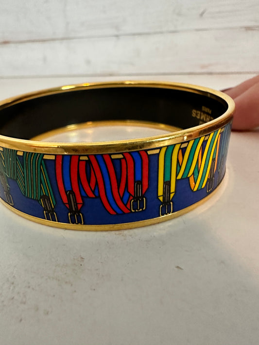Hermes Les Sangles Cloisonne Bangle Blue and Multicolor trimmed in gold tone.