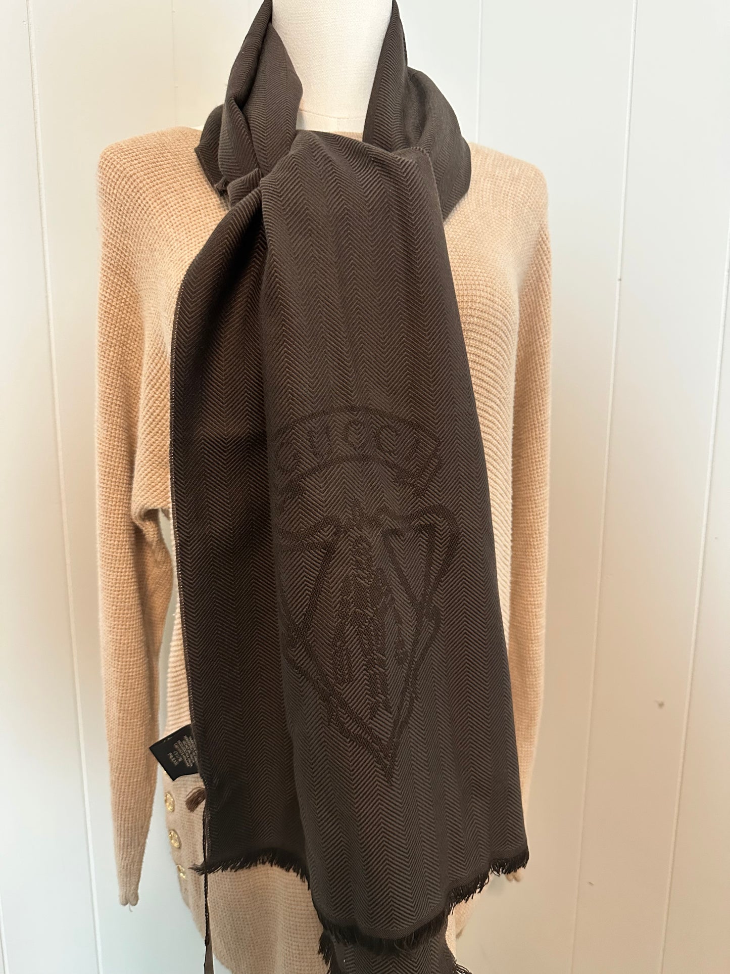 Gucci Vintage Hysteria Brown Herringbone Wool Scarf