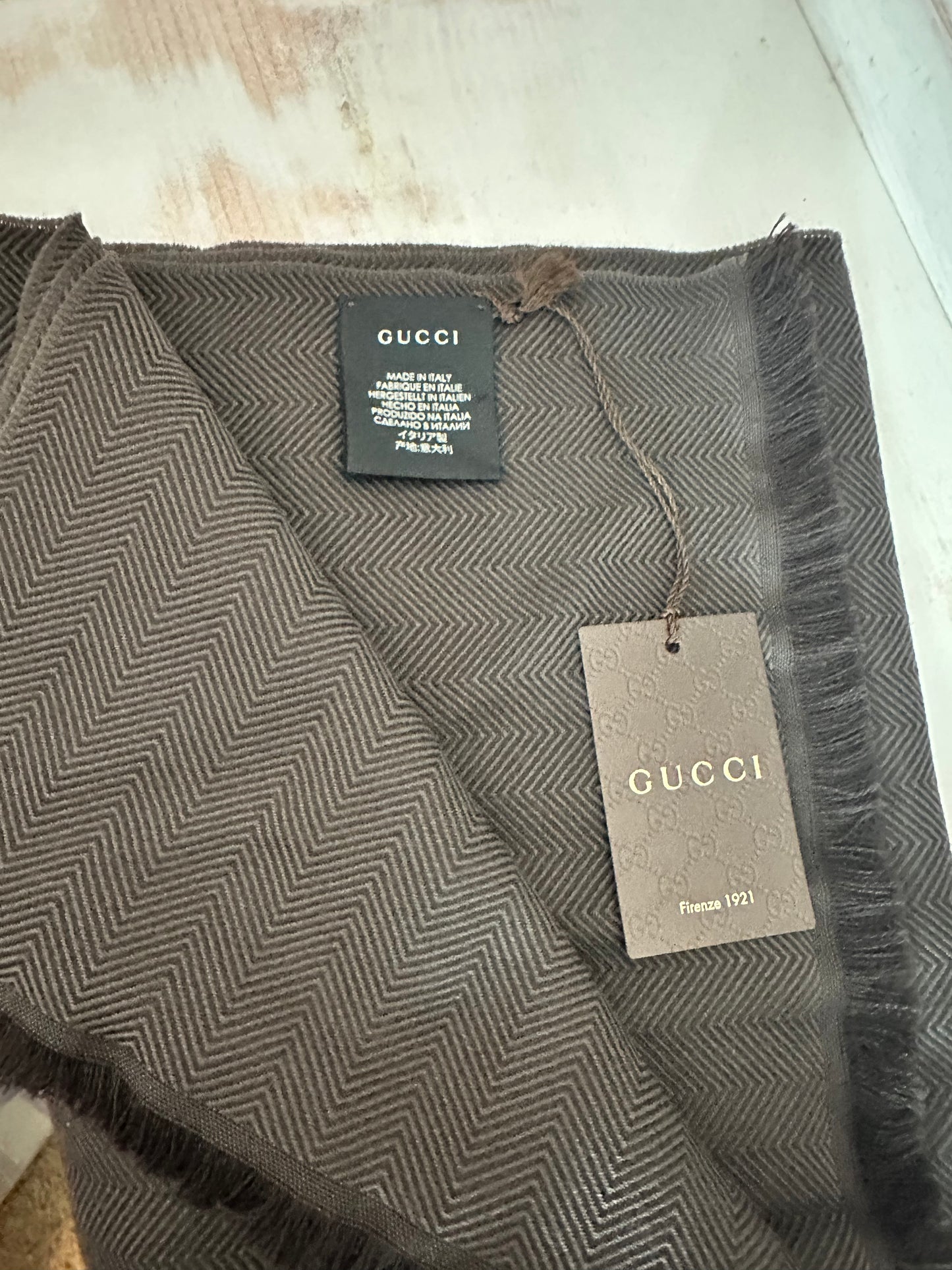 Gucci Vintage Hysteria Brown Herringbone Wool Scarf