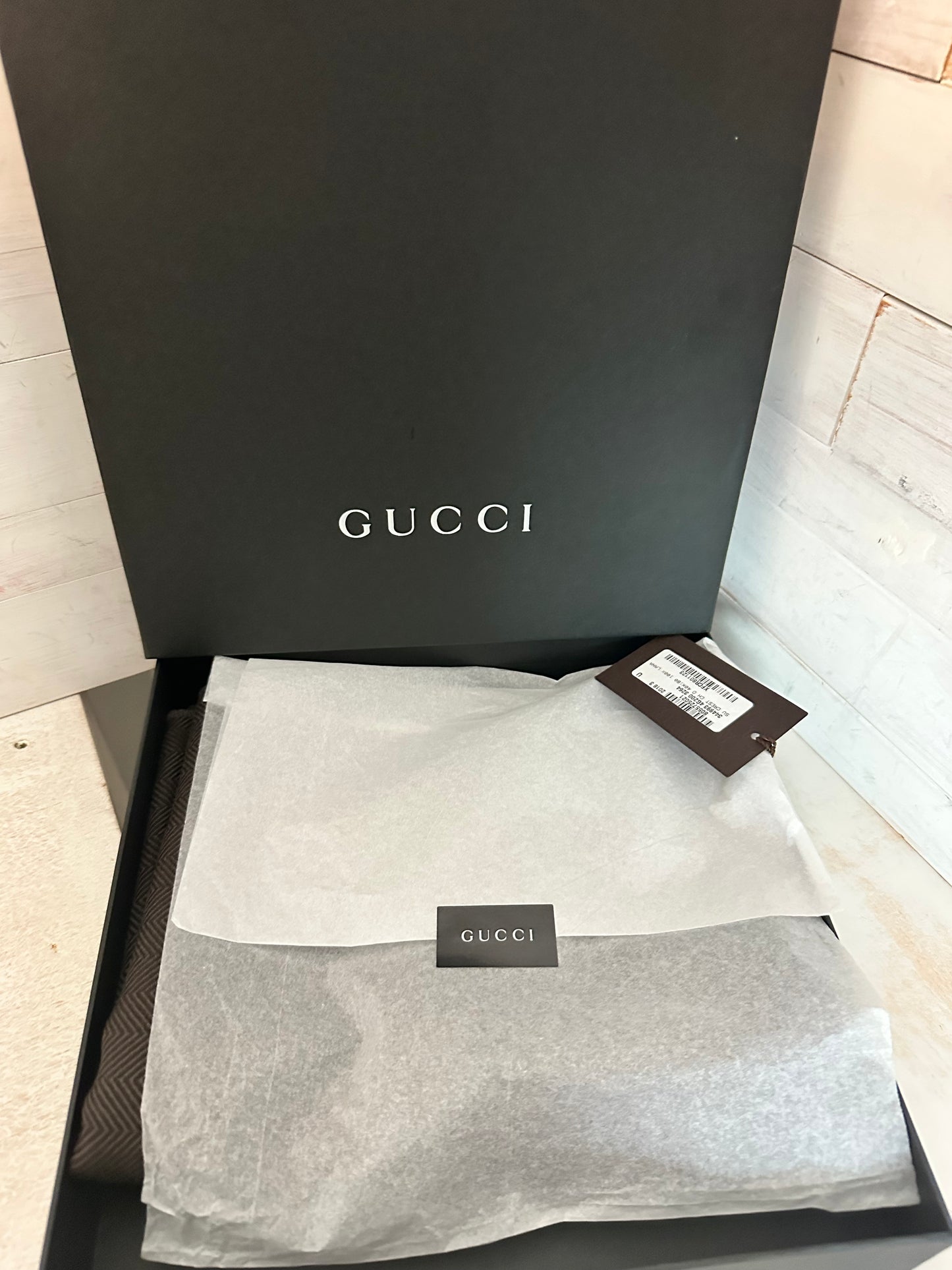 Gucci Vintage Hysteria Brown Herringbone Wool Scarf