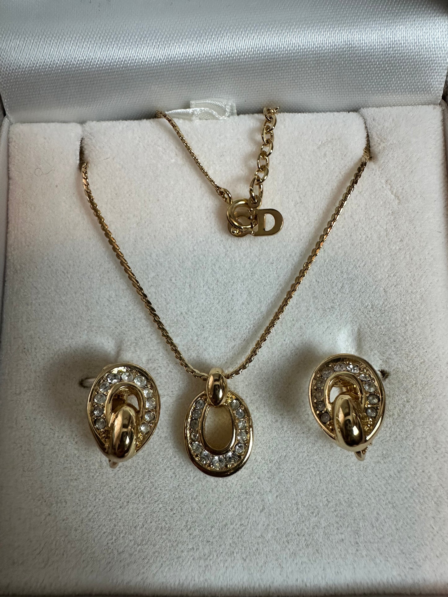 Christian Dior Vintage Rhinestone 18K gold plated Necklace and Clip on Earring Set