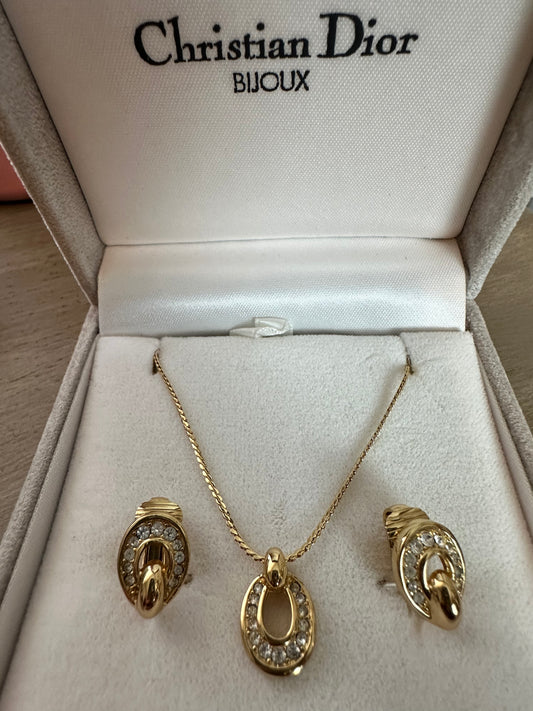 Christian Dior Vintage Rhinestone 18K gold plated Necklace and Clip on Earring Set