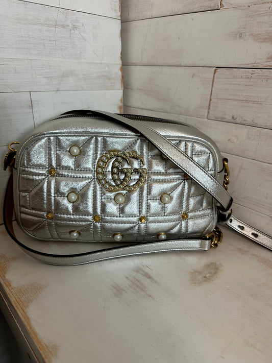 Gucci GG Marmont Quilted Silver Metallic Studded Crossbody