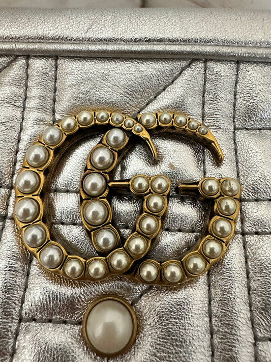 Gucci GG Marmont Quilted Silver Metallic Studded Crossbody